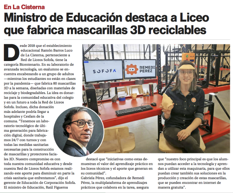 Ministro de Educación destaca a Liceo que fabrica mascarillas 3D reciclables